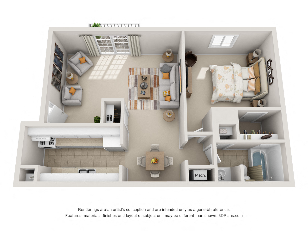 Floor plan for 1 bed, 1 bath, 680 sqft